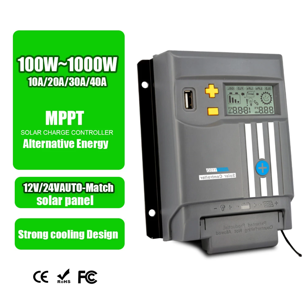 Régulateur de Charge Solaire, Régulateur Intelligent de Batterie de Panneau Solaire 12V/24V/5V, Réglable LCD Port USB PWM Auto 30A