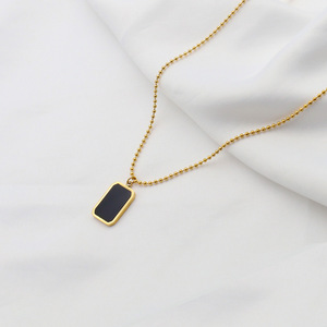 Stainless Steel Beaded Chain Square Tag Necklace Gold Color Geometric Pendant Fashion Accessory - Product Image 1