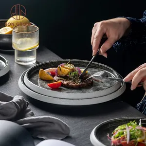 价格便宜高贵散装汤活动餐厅瓷器白色和灰色圆形釉面餐具餐具陶瓷盘子