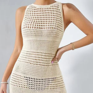 2025 Summer Holiday Women's Sexy Pearl Knitted Short <b>Strap</b> <b>Dress</b> Slim Hallow Sleeveless Backless Lace Beach Robe Dropped Parties - Product Image 1