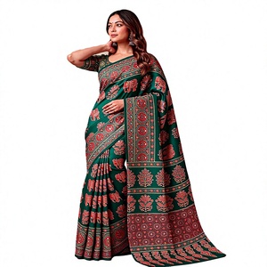 Green Digital Print Ajrak <b>Saree</b> With <b>Red</b> Motifs For Women Traditional Indian Wedding Wear Silk Fabric Floor Length Sari - Product Image 1