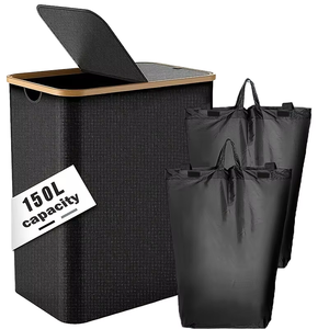 150L 2 Phần Pop up <span class=keywords><strong>Canvas</strong></span> Có Thể Gập Lại Giặt Giỏ Quần Áo Có Thể Tháo Rời Dệt Ráp Giặt Lưu Trữ Giỏ Với Nắp Tre - Product Image 1