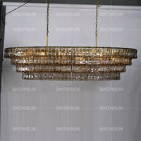 Lustre en verre ovale fait main de 65 pouces, style américain rétro, 4 couches, verre fumé, laiton, pour grand salon, table à manger
