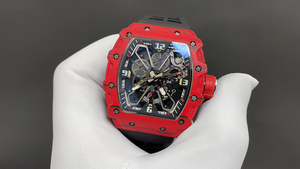 Luxury <b>Red</b> Forged Carbon Tonneau Skeleton Watch Black Rubber Strap with Exposed Movement - Product Image 3