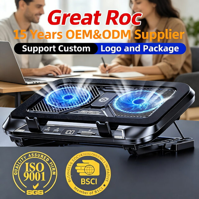 Great Roc Laptop Cooling Pad Dual 1500RPM Fans 27W Max RGB Lighting Knob Control Type-C 9V RGB Laptop Cooler for Gaming Laptops