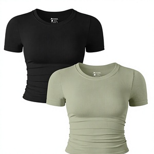 เสื้อครอปท็อปผู้หญิง แขนสั้น คอกลม ผ้าถักผสมสแปนเด็กซ์/คอตตอน สีพื้น ดีไซน์รูช ดูดซับความชื้น เหมาะสำหรับใส่ลำลองช่วงฤดูร้อน - Product Image 1