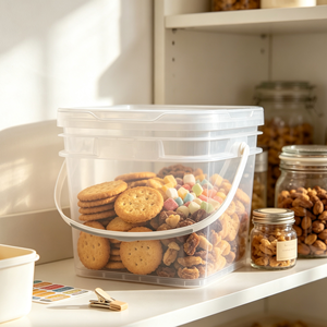 Seau en plastique transparent carré avec couvercle et poignée, idéal pour le stockage de collations sèches, céréales, noix, dans la cuisine ou le garde-manger. - Product Image 1