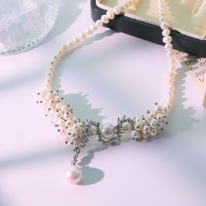 לבן מים מתוקים פנינה פרח גפן לבן שרשרת בצורת זירקון שרשרת עיצוב מפואר משובצת תכשיטים לנשים g0831 - Product Image 4