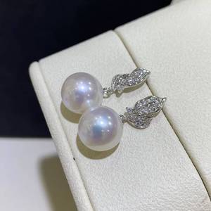 wholesale fine Jewelry S925 <b>Silver</b> Leaf Zircon Freshwater Pearl Dangle <b>Earrings</b>, 10-11mm Round White Pearl <b>Drop</b> <b>Earrings</b> - Product Image 2