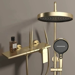 Conjunto de Misturador de Chuveiro de Luxo para Banheiro em Latão Dourado Escovado com Sistema de Massagem Suave, 4 Funções, Painel de Chuveiro Termostático com Efeito Chuva - Product Image 2