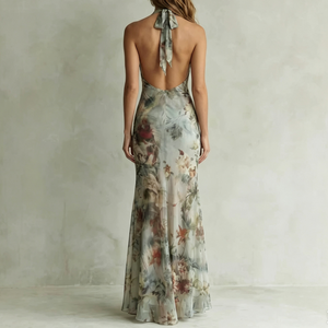 <b>Custom</b> Halter Neck Floral Print Chiffon Mermaid <b>Dress</b> Deep V Tie Waist Backless Long Maxi Evening <b>Dress</b> Women Party Gown - Product Image 3