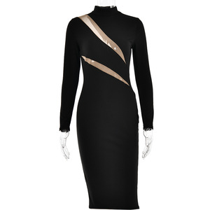 Women's Round Neck Long Sleeve Patchwork Midi Dress Sheer Layer Detail Natural Waistline Leisure Wear - Product Image 5