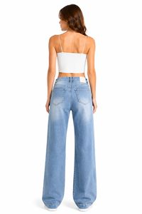 Jeans a Vita Alta e Gamba Larga con Motivo Ricamato Vestibilità Comoda Lunghezza Intera Stile Casual Effetto Stonewashed - Product Image 2