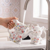 Théière en céramique en forme de chat mignon à motif floral printanier, théière en céramique en forme de chaton de dessin animé pour tisanes, ornement artisanal en céramique pour la maison