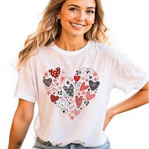 T-shirt décontracté à manches courtes et col rond en pur coton pour femme, imprimé par transfert thermique motif cœur de la Saint-Valentin, coupe ample, printemps-été - Product Image 1