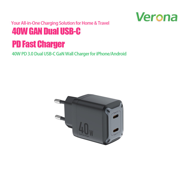 Verrona 40W GaN PD Charger Dual USB-C Wall Adapter with EU Plug for Smartphones & Tablets