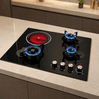 Table de cuisson encastrable 5 feux (3+1+4) avec surface en céramique, gaz et électrique, en verre combiné