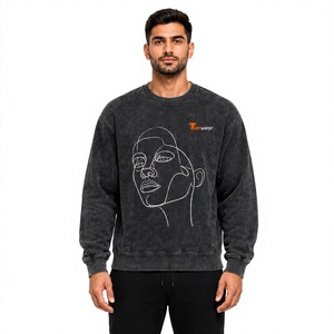 Mens Vintage <b>Black</b> Acid Wash Sweatshirts washed <b>black</b> <b>fleece</b> Crew Neck Long Sleeve Pullover Top oversized drop shoulder - Product Image 1