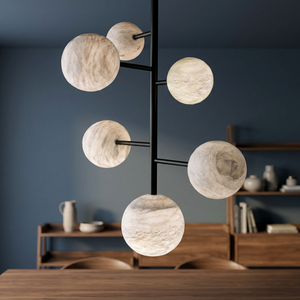 Black Marble Sphere LED Chandelier Pendant E26 Adjustable Height Metal Frame Modern Ceiling <b>Lamp</b> for Living Room Dining Room - Product Image 3