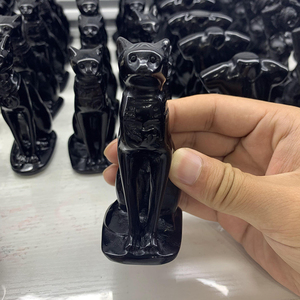 Statue de chat égyptien en obsidienne naturelle, Figurine sculptée à la main, accessoire de décoration de la maison, vente en gros, 9 cm - Product Image 1