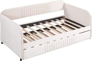 Sofá <span class=keywords><strong>Cama</strong></span> Doble Tapizado en Terciopelo Beige con <span class=keywords><strong>Cama</strong></span> <span class=keywords><strong>Nido</strong></span> y Base de Listones de Madera, No Requiere Box Spring - Product Image 4