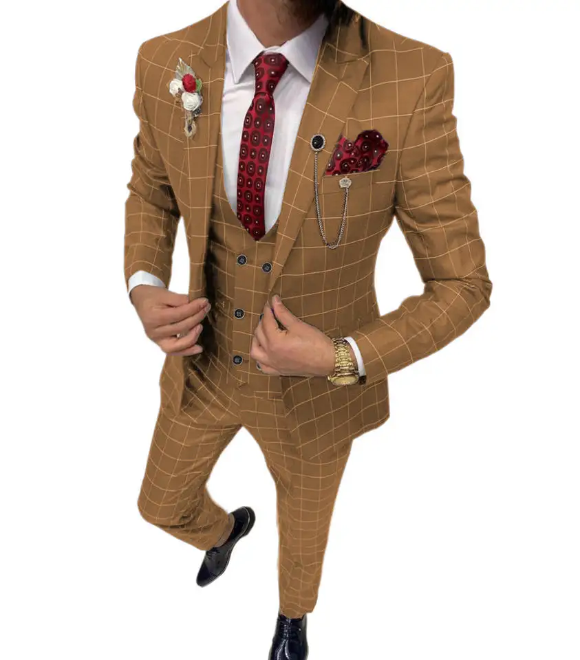 2022 Men Plaid Suits 3 Pieces Blazer Vest Pants Set Single Breasted Formal Wedding Business Men's Suits For Men