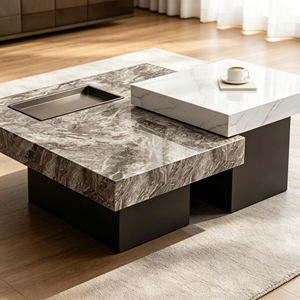 Modern Movable <b>Nested</b> Sintered Stone <b>Coffee</b> <b>Table</b> <b>Set</b> With Built-in Tea Tray, Two-tone Square <b>Table</b> For Living Room Furniture - Product Image 3