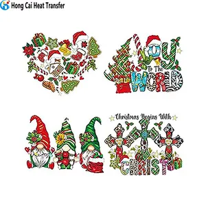 Hongcai Custom Christmas logo projects light film transfer paper offset plastisol iron on patch decalcomanie schermo per abbigliamento transf