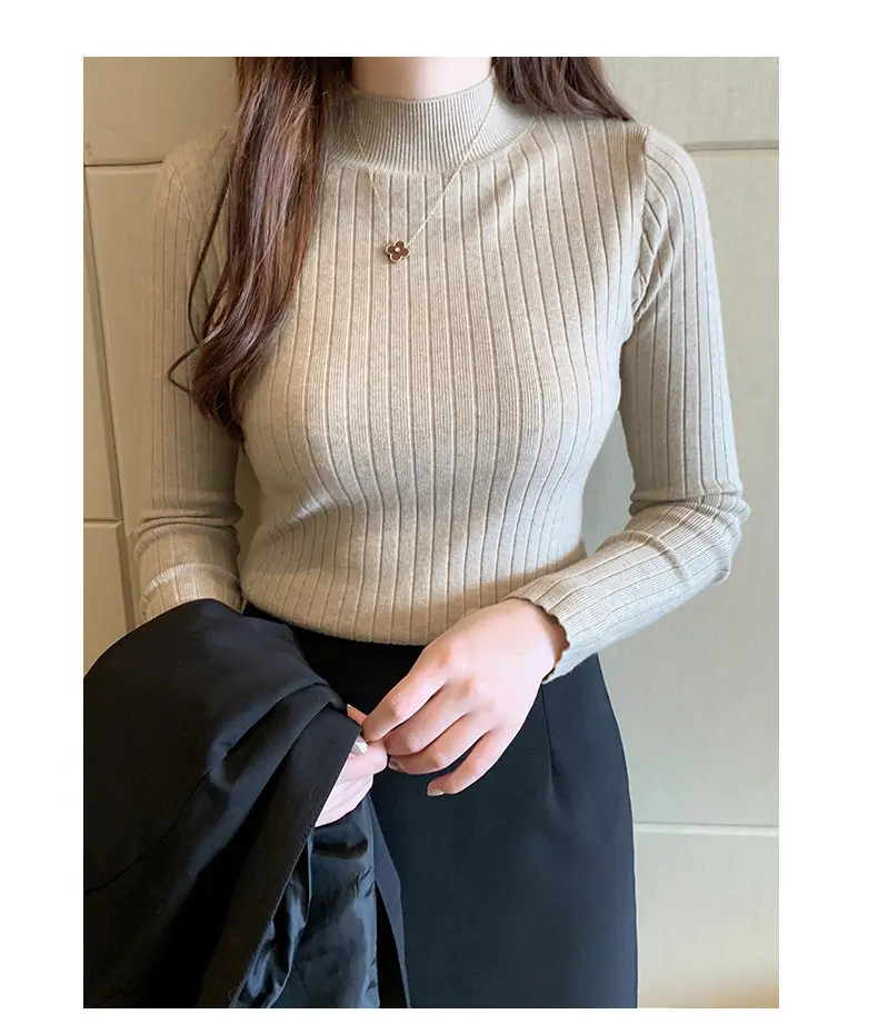 Women Autumn and Winter High Collar Knitting Pullover Bottom Shirt Long Sleeve Solid Color Slim Casual Sweater