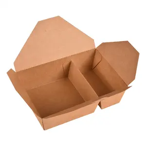 Brown kraft paper lunch box disposable paper folding two compartment box for food packing