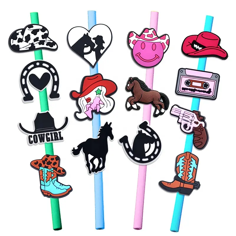 6-8 Mm Cowboy Cowgirl Straw Topper Charms Bulk Cool Silicone Free Opp Bag Provided Bar Accessories Piece Drinking Straws Set