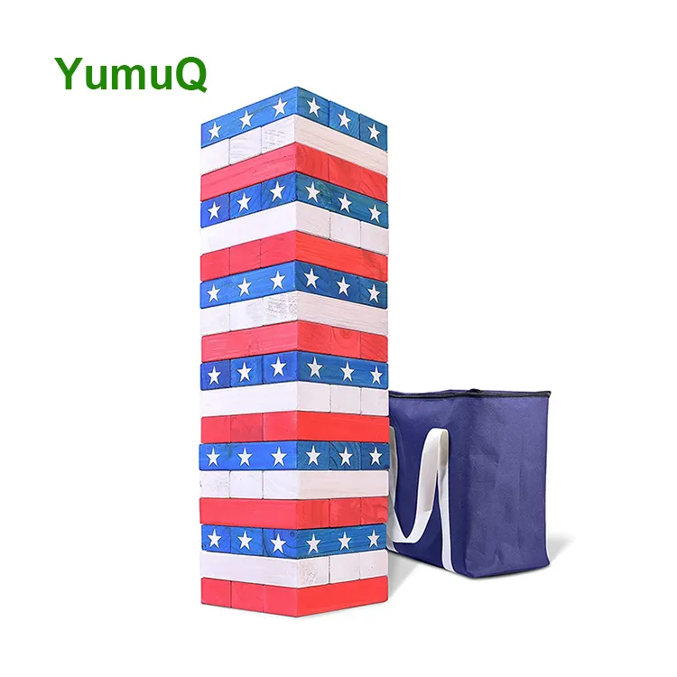 YumuQ Oversize Design Party Building Blocks Wood Tumbling Tower Game With Logo And Numbers And Dice Package