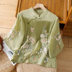 Women's Chinese Style Embroidery Shirt Cotton Linen Stand Collar Three Quarter Sleeve Top Spring Summer Traditional Clothing - Product Image 3