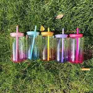 Reusable Gradient Colored 16oz Acrylic <b>Cup</b> Can Soda Beer Ombre Plastic Jelly <b>Cups</b> with PP <b>Lid</b> <b>and</b> <b>Straw</b> for Drinks - Product Image 2