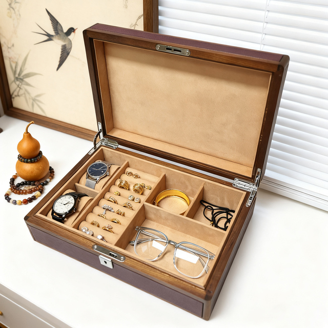 Luxury Square Wooden Eco-Friendly Water Resistant Multi-Function Watch Jewelry Gift Set Box for Women Compartments for Glasses