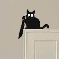 Décoration de porte d'Halloween en bois écologique, chat noir avec couteau, taille personnalisable, toutes sortes de coins, panneau de porte, décoration de coin de porte