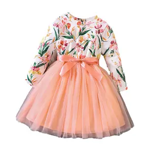 1508 Boutique Children Kids Long Sleeve Bow Lace Dress Hot Sale Flower Baby Girl Dress For Birthday