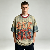 T-shirt Homme Vintage Oversize Délavé Dégradé avec Lettres Brodées Effet Vieilli et Col Rond Côtelé Rouge Contrastant, Motif Étoile