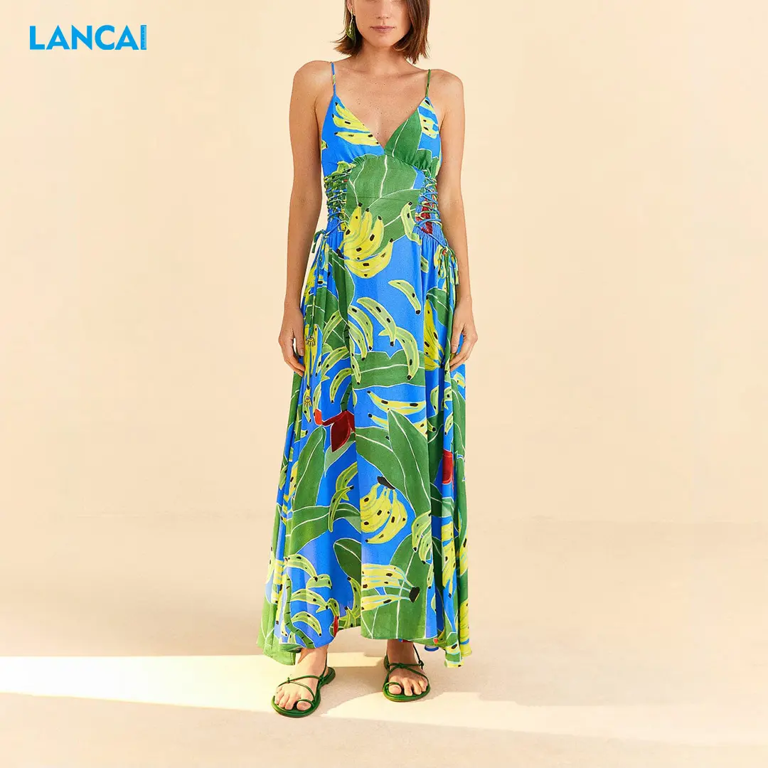 Women's Solid Casual Dresses Women's Blue Banana Leaves Sleeveless Maxi Dress For Ladies