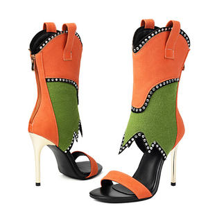 Sandales d'été à talons hauts et bout ouvert, patchwork, ornées de diamants, à bride unique, bottines courtes à fermeture éclair arrière pour femme, coupe large - Product Image 4