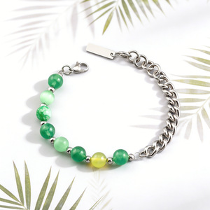 yunnique Stainless Steel Green Chalcedony Beaded Chain <b>Bracelet</b> Unisex Fashion Jewelry - Product Image 1