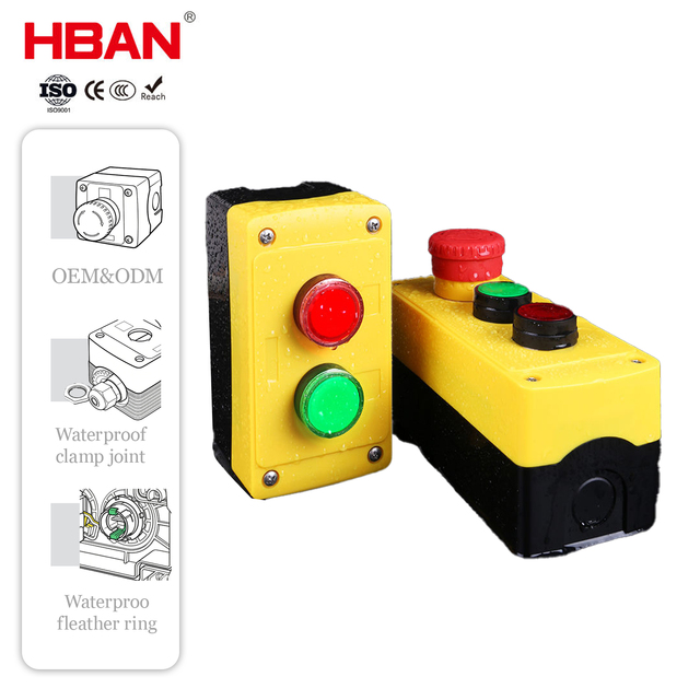 HBAN 22mm Button Switch with Box IP65 Industrial Control Panel Push Button Box Yellow Waterproof Emergency Stop Control ABS
