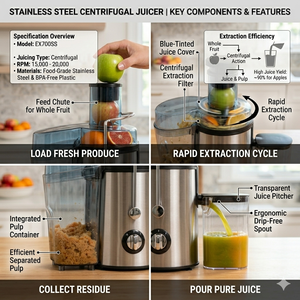 <span class=keywords><strong>Extracteur</strong></span> <span class=keywords><strong>de</strong></span> <span class=keywords><strong>jus</strong></span> centrifuge à large goulotte d'alimentation en acier inoxydable pour fruits et légumes, facile à nettoyer, fonctionnement sûr - Product Image 3