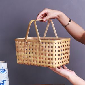 Handmade <b>Bamboo</b> Woven <b>Basket</b> Rectangle Storage <b>Basket</b> For Kitchen Vegetable Fruit Holder Natural Material Single Tier - Product Image 4