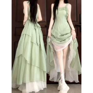 French Style Fitted Waist Irregular Ruffle Maxi Dress Asymmetric Casual Summer Dress Green White <b>Layered</b> Long Dress - Product Image 1