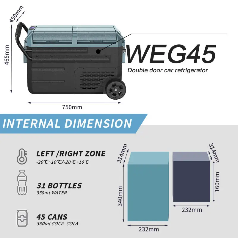 WAYCOOL WEG45 38L Car Cooler Mini Fridge and AC 100V-240V Refrigerator Car Fridge Dual Zone 12v
