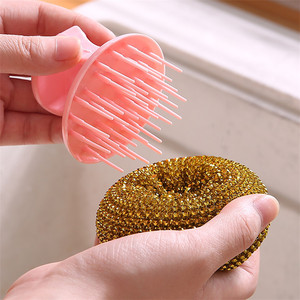 <b>Pet</b> Cleaning Balls Steel Wool Non Stick Kitchen <b>Brush</b> For Pots And Pans Solid Shape Washable With Pink Handle - Product Image 3