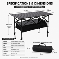 Table de camping pliable à plateau roulant avec hauteur réglable de 50 à 83 cm, sac de transport pour la cuisine en plein air et les pique-niques