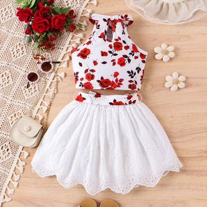 Conjuntos de Ropa de Verano para Niñas, Top Floral con Cuello Halter y Falda Corta Lisa, Manga Larga, Algodón, Mezclilla, Estilos Populares de Boutique - Product Image 4