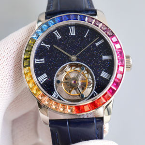 Montre mécanique vintage la plus vendue pour collectionneur, design classique noir avec incrustation de pierres précieuses colorées, véritable tourbillon lumineux - Product Image 1